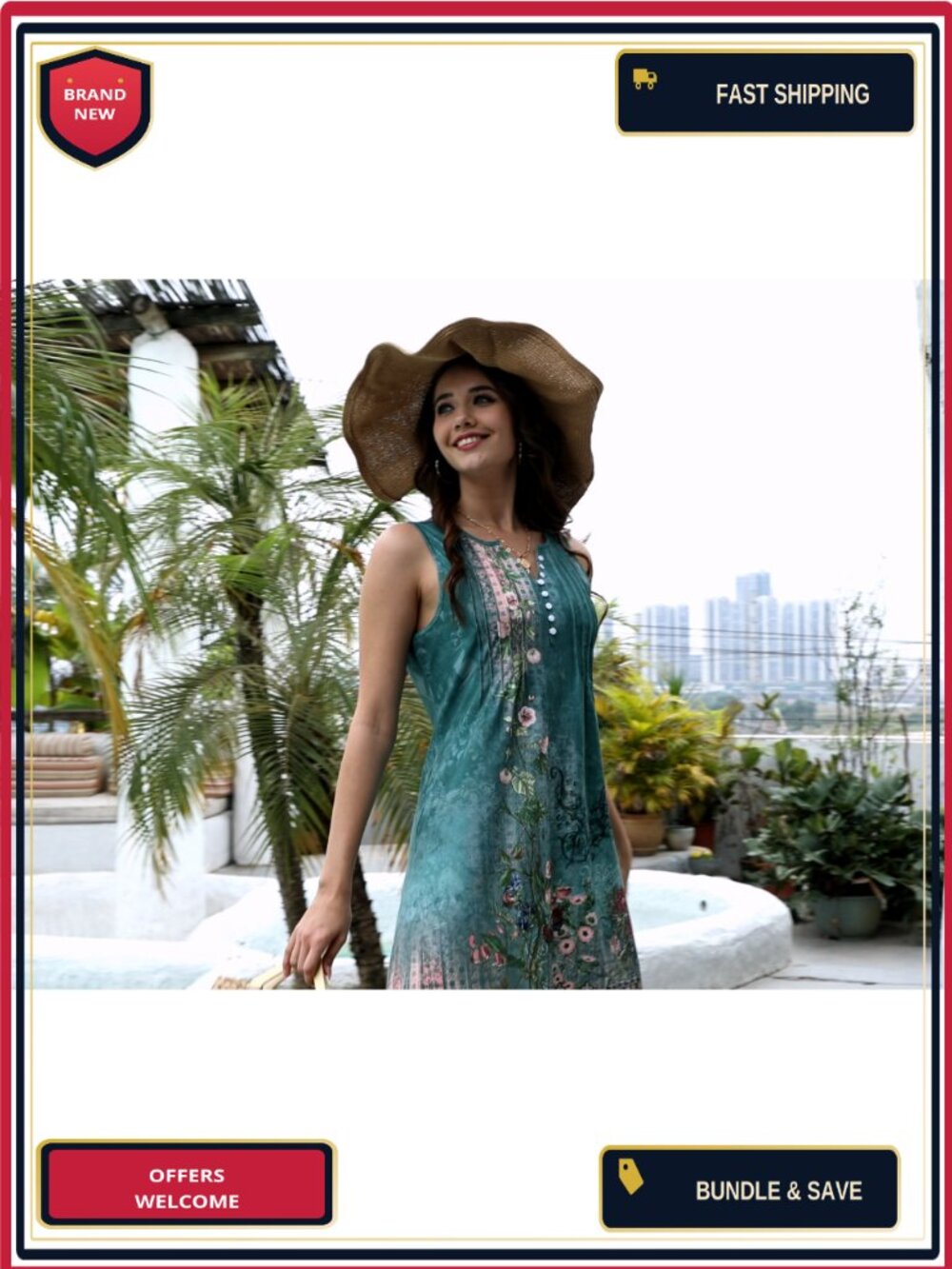 Sleeveless V-Neck Boho Floral Swing Dress with Pockets - Picture 6 of 6